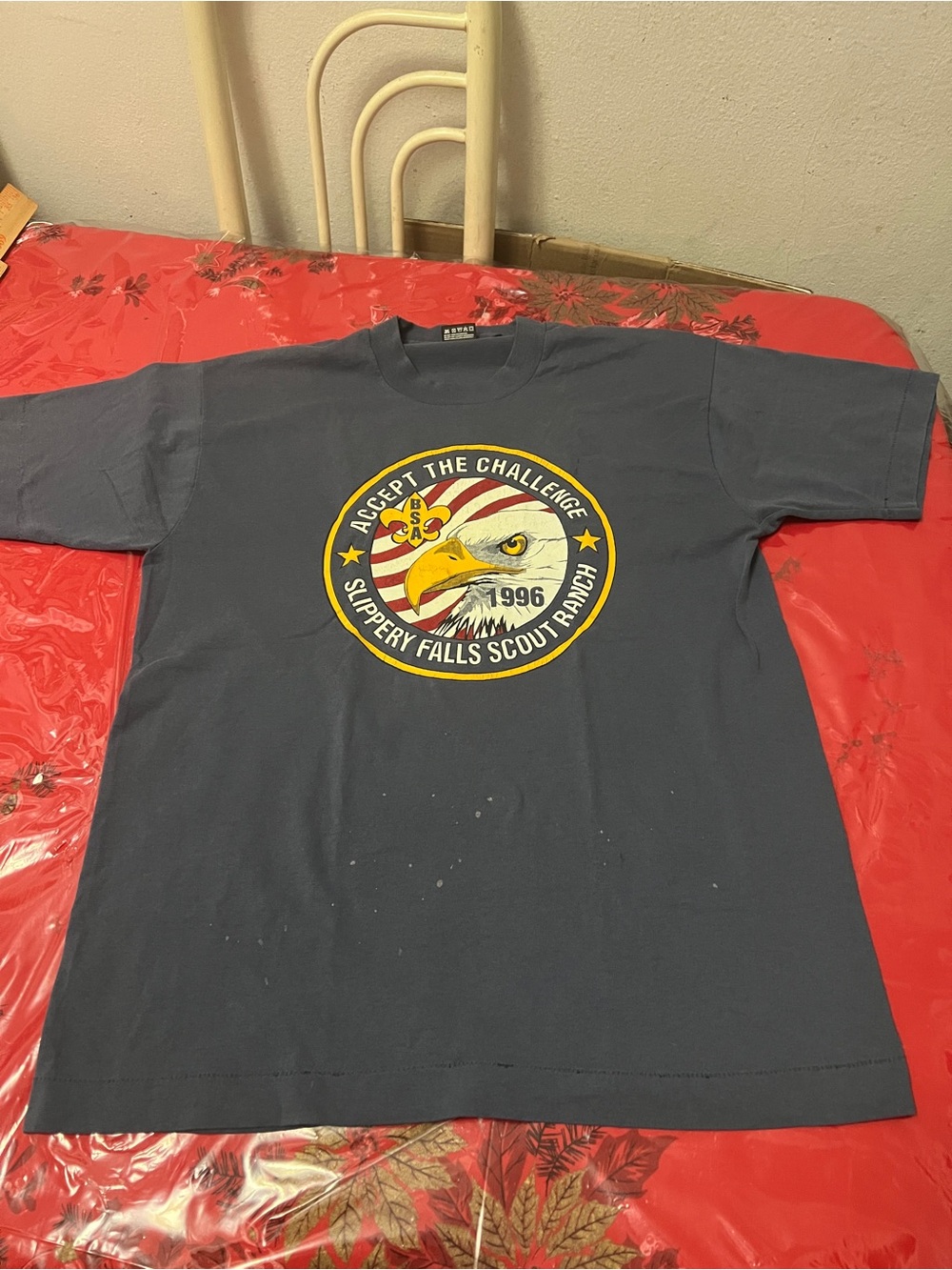 Vintage 1996 Boy Scouts Shirt BSA Accept The Challenge Eagle Gray Tee Sz Large